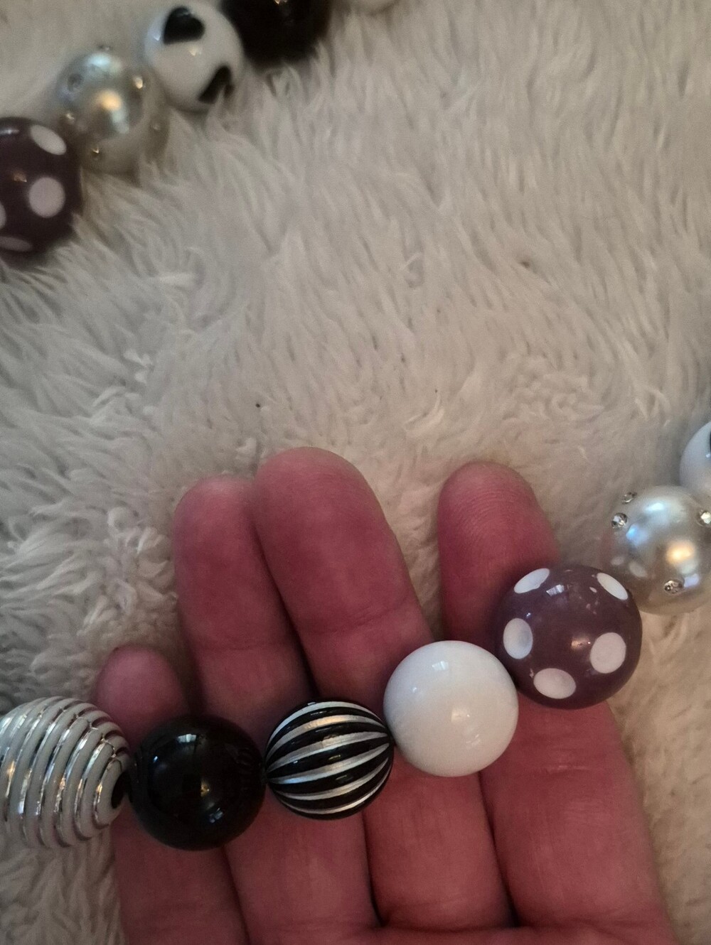 Beaded Statement Necklace - White, Black & Taupe Polka Dot